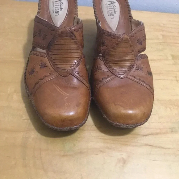 Clarks Artisan  9 M Leather Wedge Mules Chestnut Brown Women's Slip On Shoe - Picture 6 of 11